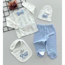 Babyİm Papyonlu Prens Nakışlı Ve Baskılı Desen 4 Parça Hastane Çıkışı Seti Mavi