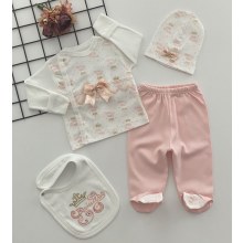 Babyİm Fiyonklu Prenses Nakışlı Ve Baskılı Desen 4 Parça Hastane Çıkışı Seti Somon