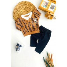 Necixs Polo Yaka Nakışlı Desen Keten Pantolonlu Takım Lacivert