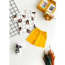 Kiddimax Şapklı Ayıcık Desen Kısa Kollu Şortlu Takım Sarı