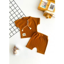 Naffa Baby İpli Petek Kumaş Kısa Kol Şort Takım Kahve