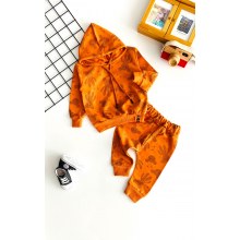 Zeo Kids Ayıcık Desen İki İplik Kumaş Kapüşonlu Takım Turuncu