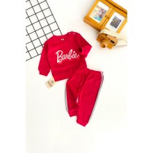 Nikuby Barbie Baskılı Desen Parlak Gri Çizgili İki İplik Penye Kumaş Takım Fuşya