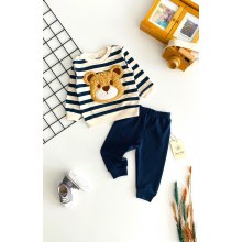 Nikuby Peluş Ayıcık Kabartma Desenli Çizgili Yakadan Çıtçıtlı Mevsmlik Takım Lacivert