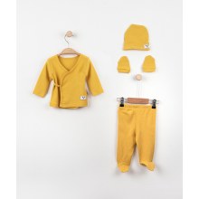 Murat Baby Çizgili Kaşkorse Kumaş 4 Parça Hastane Çıkışı Seti Sarı